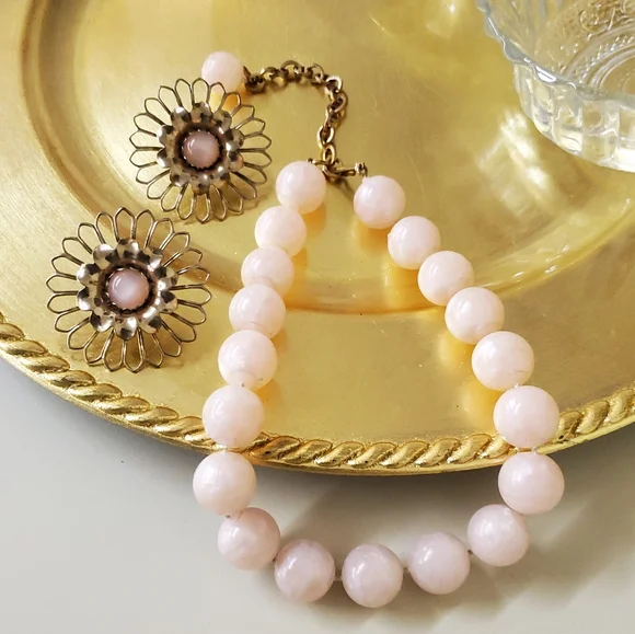 Vintage Jewelry Set Vintage Necklace Earrings Pink Moonstone
